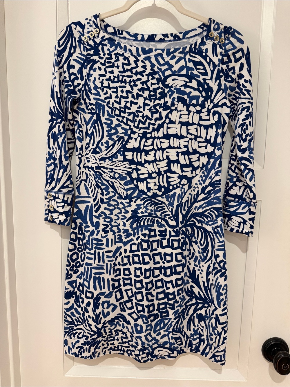 Lilly Pulitzer Blue & White Printed Long-Sleeve Boatneck Dress